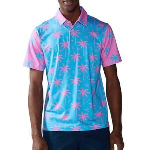 Chubbies Men's Performance Electric Slide Polo Shirt Palm Tree Blue Pink Medium